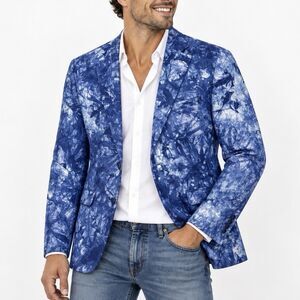 Tallia Mens Blazer Size M Blue White Tie Dye 100% Linen Sport Coat